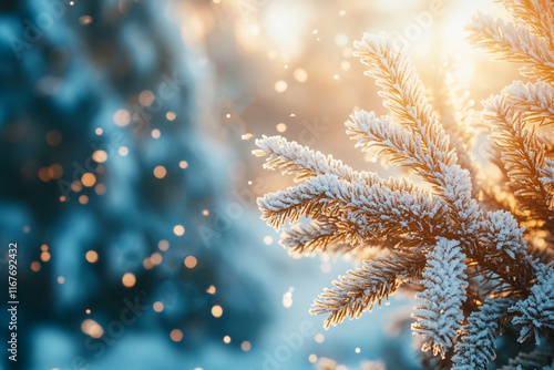 Winter morning light filters through snow-covered pine branches creating a serene atmosphere in a snowy forest photo