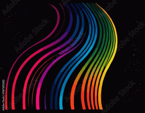 Rainbow Colored Pattern with Abstract Curve Lines. Vector Spiral Lines with Gradient on Black Background.