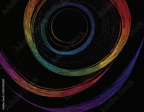 Rainbow Colored Pattern with Abstract Curve Lines. Vector Spiral Lines with Gradient on Black Background.