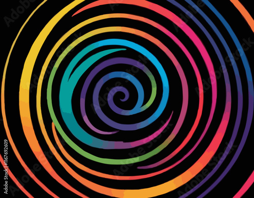 Rainbow Colored Pattern with Abstract Curve Lines. Vector Spiral Lines with Gradient on Black Background.