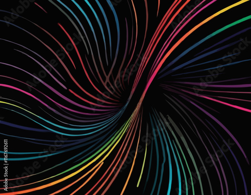 Rainbow Colored Pattern with Abstract Curve Lines. Vector Spiral Lines with Gradient on Black Background.