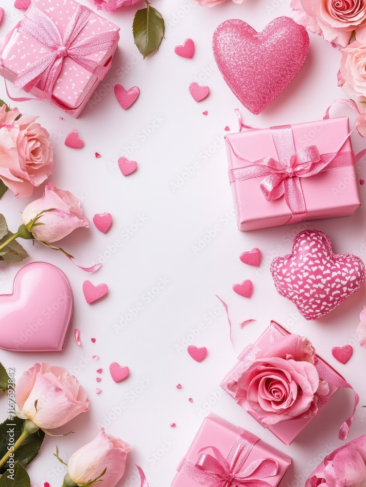 Long border of rustic pink Valentines heart shaped gift boxes and roses isolated on a white background Long border of rustic pink Valentines heart shaped gift boxes and roses isolated on a white background