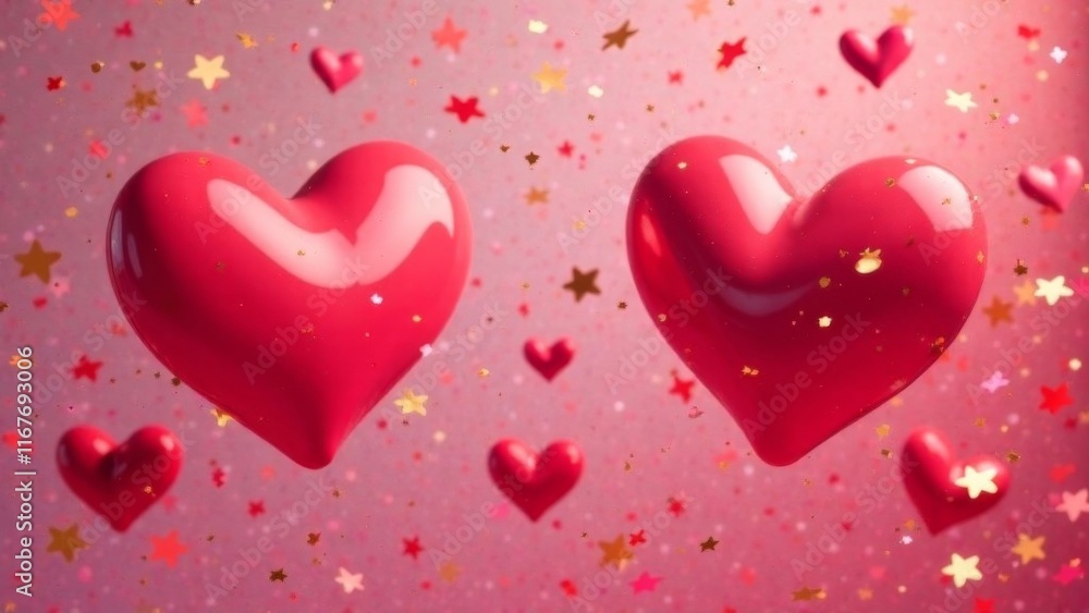 Valentine's day festive background with Two red hearts are floating in a sea of gold stars. The stars are scattered all over the image, creating a sense of movement and energy. The hearts and stars to Valentine's day festive background with Two red hearts are floating in a sea of gold stars. The stars are scattered all over the image, creating a sense of movement and energy. The hearts and stars to