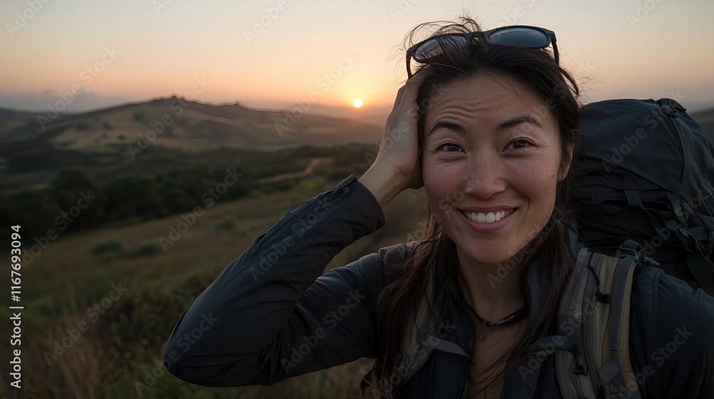 Female hiker enjoying a sunset, smiling with a backpack on a scenic trail. Female hiker enjoying a sunset, smiling with a backpack on a scenic trail.