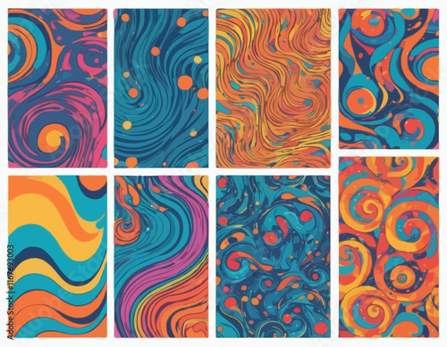 Set of Wavy Seamless Trippy Patterns in Psychedelic Colors. Abstract Vector Swirl Backgrounds. 70s Aesthetic Textures with Flowing Waves
