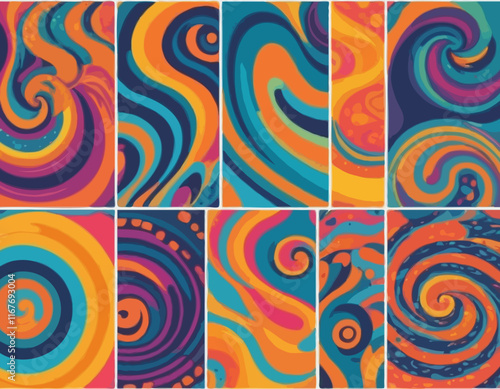Set of Wavy Seamless Trippy Patterns in Psychedelic Colors. Abstract Vector Swirl Backgrounds. 70s Aesthetic Textures with Flowing Waves