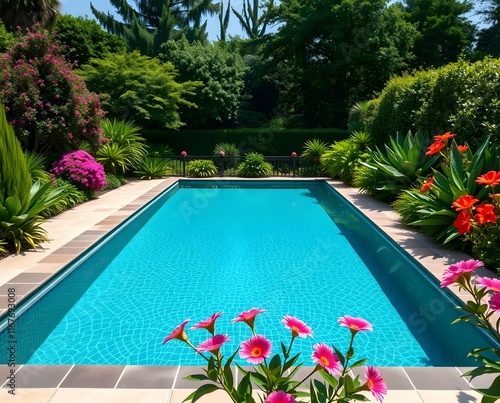 stock photo Wide-angle view of a luxurious swimming pool, lush greenery, vibrant flowers. Strong hard light, smooth gradient transition,  photo