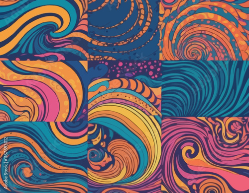 Set of Wavy Seamless Trippy Patterns in Psychedelic Colors. Abstract Vector Swirl Backgrounds. 70s Aesthetic Textures with Flowing Waves