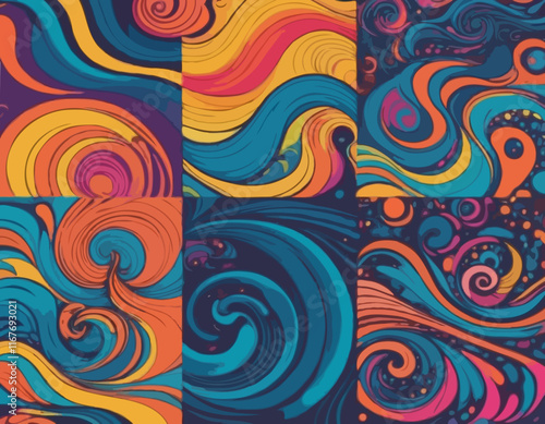 Set of Wavy Seamless Trippy Patterns in Psychedelic Colors. Abstract Vector Swirl Backgrounds. 70s Aesthetic Textures with Flowing Waves