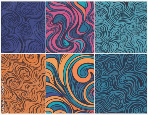 Set of Wavy Seamless Trippy Patterns in Psychedelic Colors. Abstract Vector Swirl Backgrounds. 70s Aesthetic Textures with Flowing Waves