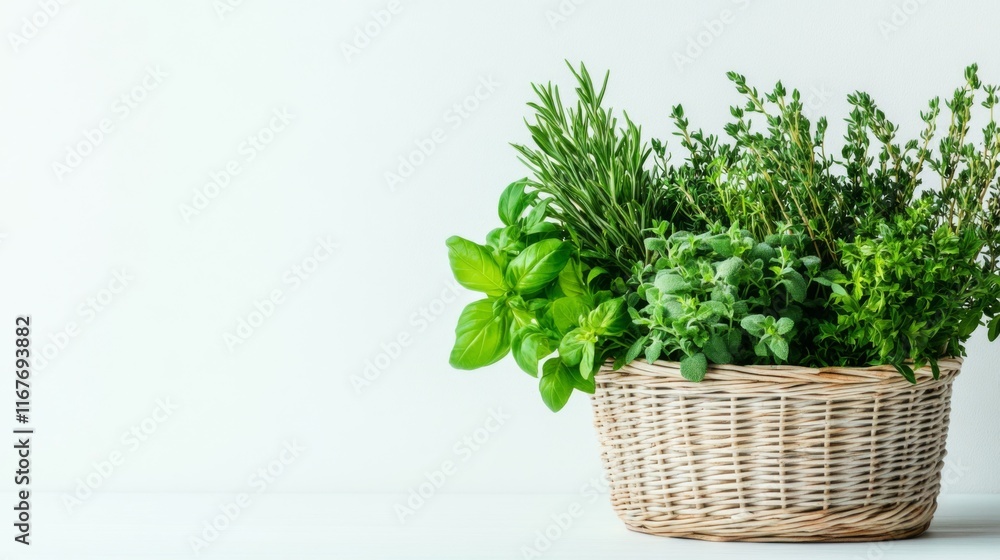 Naklejka premium Fresh Herbs in a Basket on a White Table