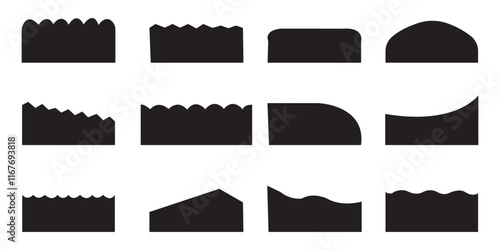  Modern Black Dividers Shapes for Website Pictogram Set. Set of abstract design separator header and border for website and app. Different borders for website, banner, app, poster, background