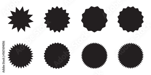 Set of black price sticker, sale or discount sticker, sunburst badges icon. Stars shape with different number of rays. black starburst, shopping labels,  Blank sale stickers.