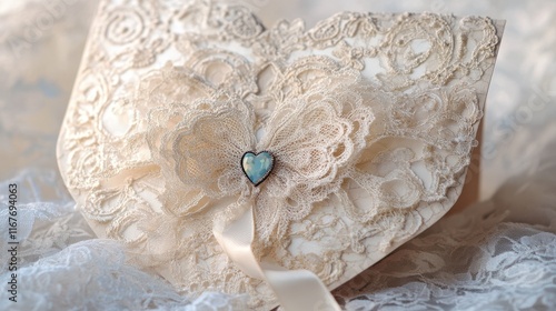 A handmade Valentinea??s card with intricate lace detailing and a delicate ribbon bow, photo