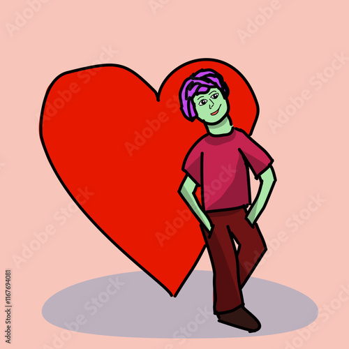 Vector illustration with a man leaning on a big red heart. Man, man. Love, Valentine's Day. A man leaning on a heart. Red, love, happy valentine's day.