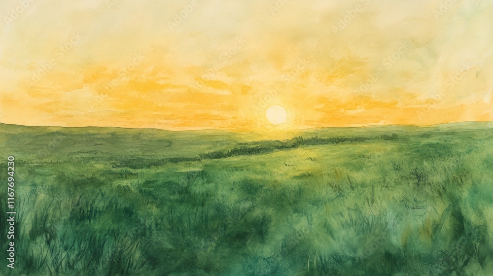 Fototapeta premium Sunset over lush green fields nature landscape serene environment tranquil viewpoint