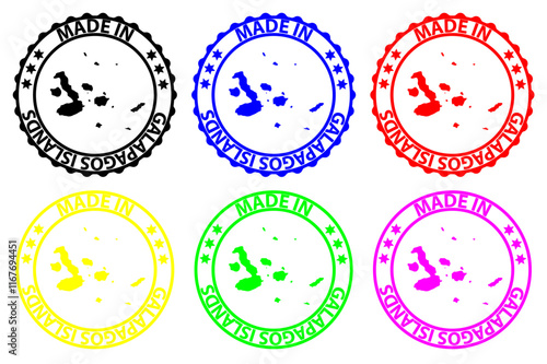 Made in Galapagos Islands - rubber stamp - vector, Galapagos Islands map pattern - black, blue, green, yellow, purple and red