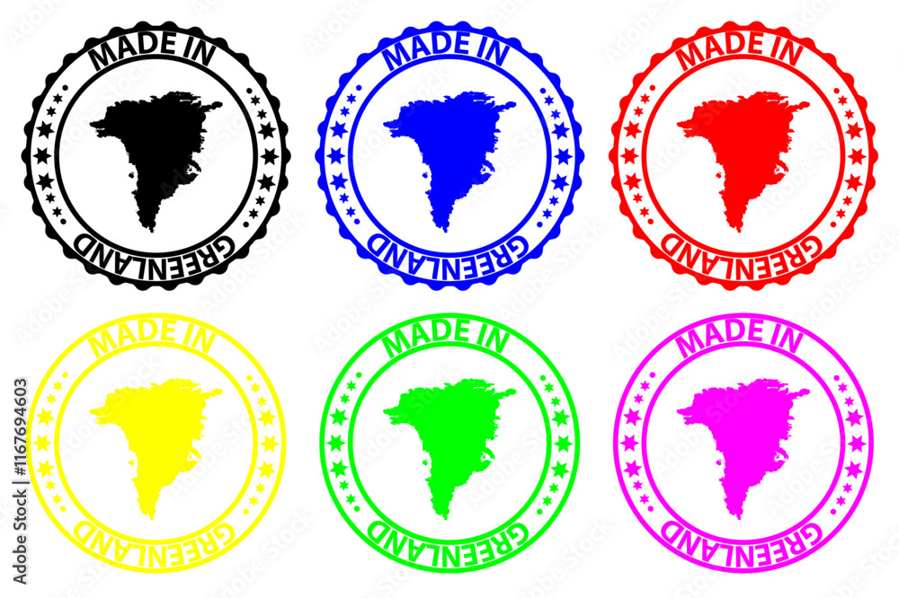 Made in Greenland - rubber stamp - vector, Greenland map pattern - black, blue, green, yellow, purple and red Made in Greenland - rubber stamp - vector, Greenland map pattern - black, blue, green, yellow, purple and red