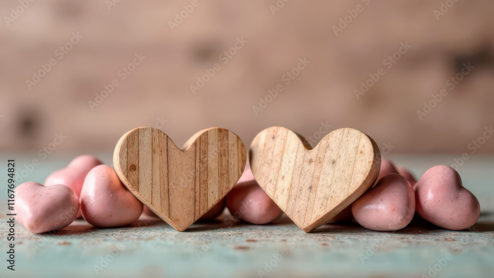 Fototapeta premium Two wooden hearts surrounded by pink heart-shaped stones on a turquoise surface
