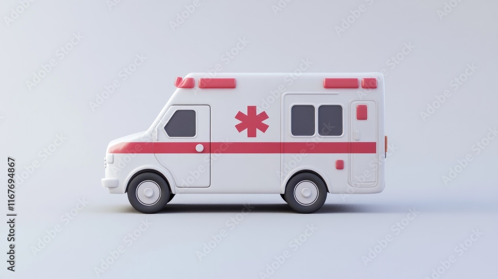 Side view of a stylized white ambulance with red stripes and a star of life symbol. Side view of a stylized white ambulance with red stripes and a star of life symbol.
