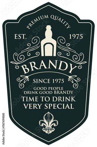 Hand-drawn banner or label for Brandy with coat of arms on an old paper background. Vector heraldic coat of arms in vintage style with lions, spears, knights helmet and fleur de lis on a shield