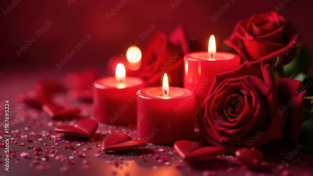 Romantic candlelit scene with red roses and heart decorations Romantic candlelit scene with red roses and heart decorations
