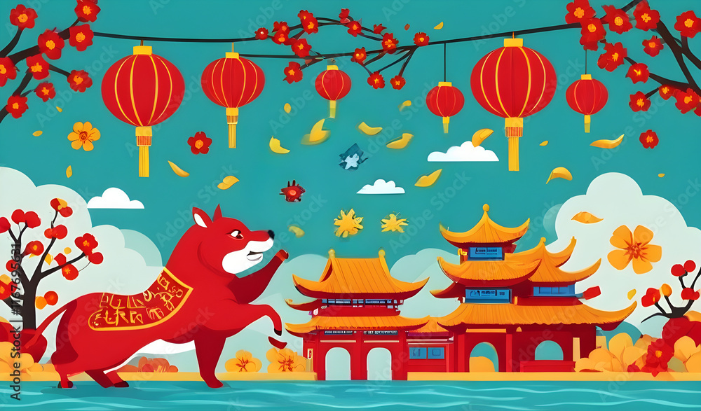 Obraz premium Red fox celebrating chinese new year in front of traditional temple