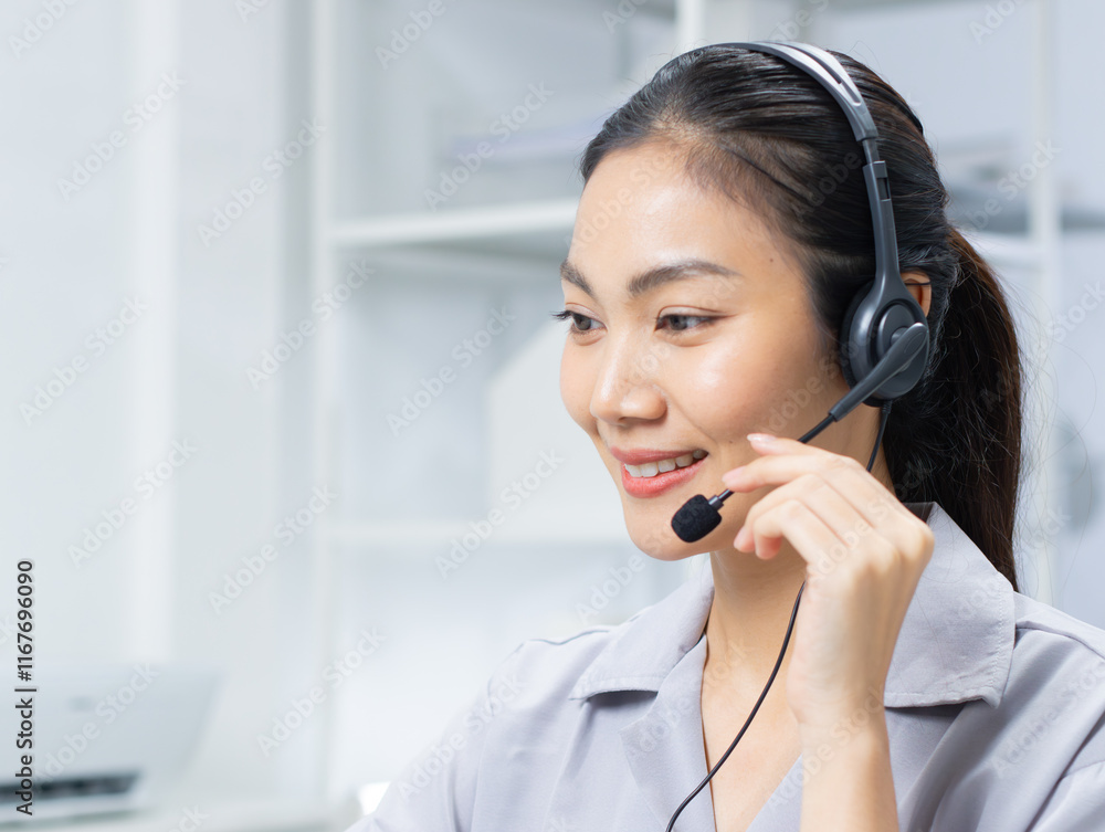 Friendly Asian woman working as a customer support operator with a headset in a call center office. Portrait of female sales agent talking to client working at desk. Customer service representative. Friendly Asian woman working as a customer support operator with a headset in a call center office. Portrait of female sales agent talking to client working at desk. Customer service representative.