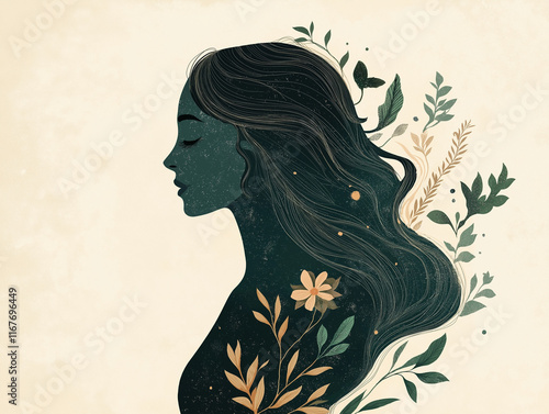 Wallpaper Mural Minimalist book cover showing a woman’s silhouette with flowing hair blending into herbs, flowers, and essential oil bottles, in soft pastel tones on a light background. Generative AI Torontodigital.ca