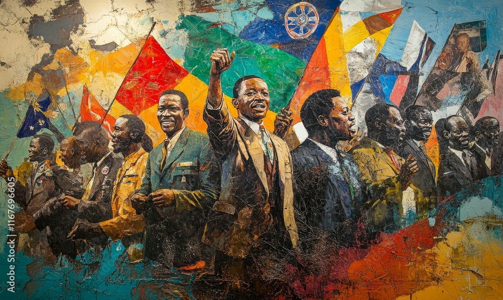 Fototapeta premium Abstract painting; figures with flags, celebrating.