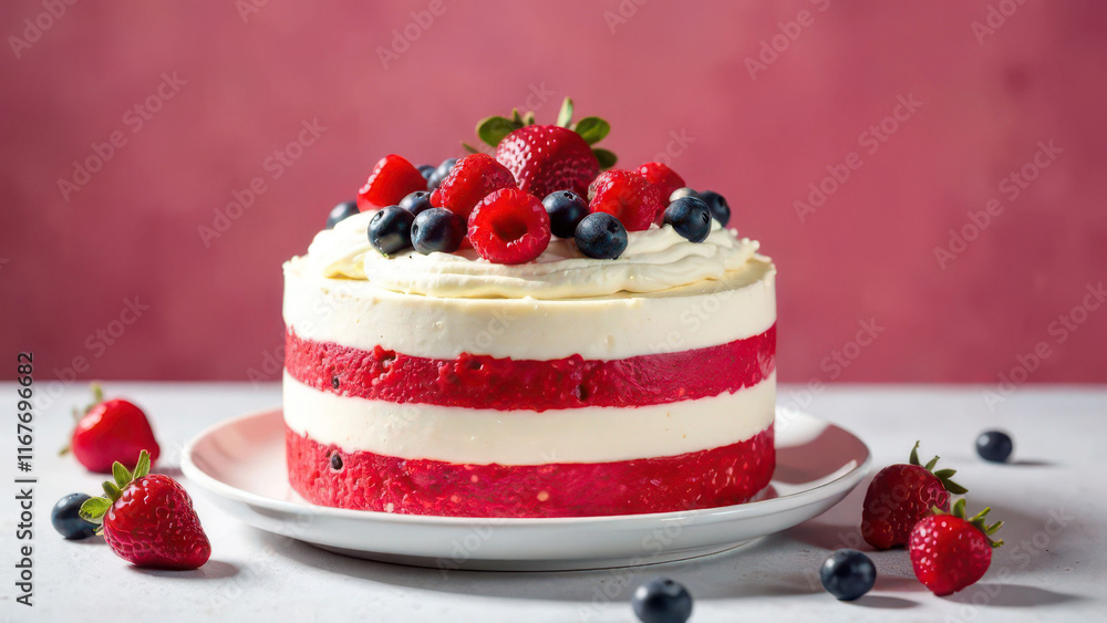 Layered berry cake with fresh strawberries, raspberries, and blueberries on white plate Layered berry cake with fresh strawberries, raspberries, and blueberries on white plate