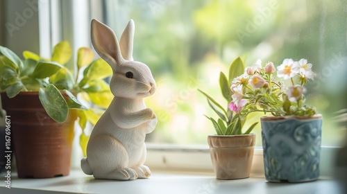 easter bunny figurine on a windowsill with blooming plants 