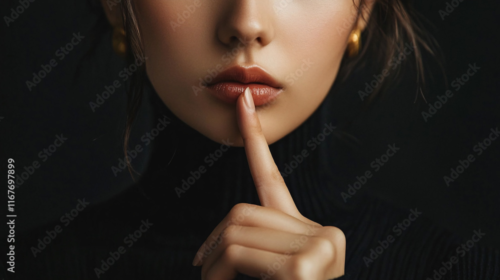 a woman in a black turtleneck gently presses her finger to her lips creating a mysterious and elegant expression in soft moody lighting
a woman in a black turtleneck gently presses her finger to her lips creating a mysterious and elegant expression in soft moody lighting