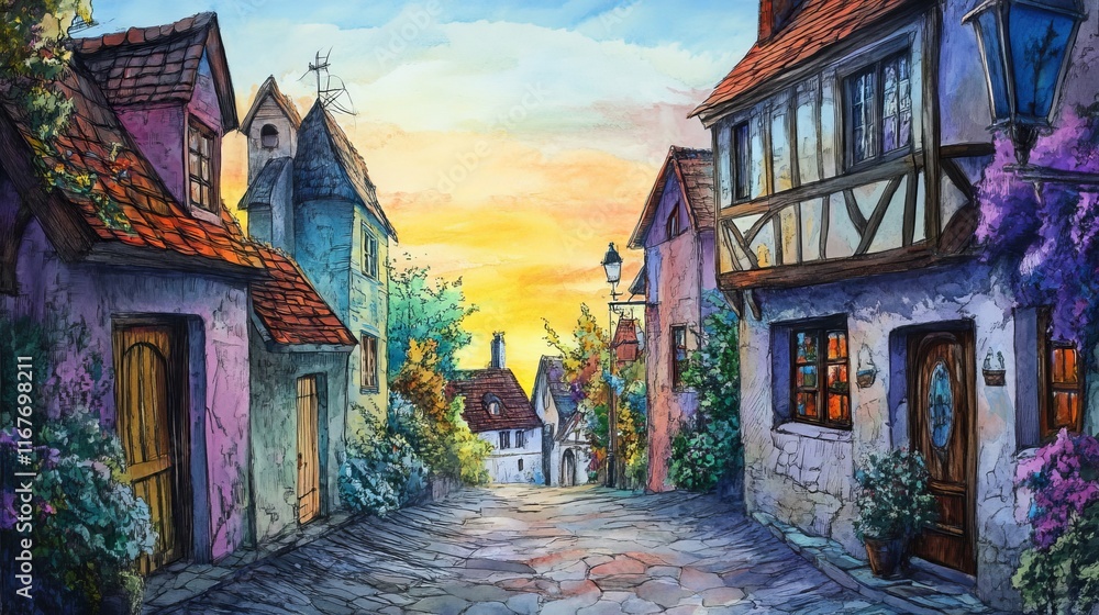 Fototapeta premium colorful anime manga style, quaint cottage street, 16:9
