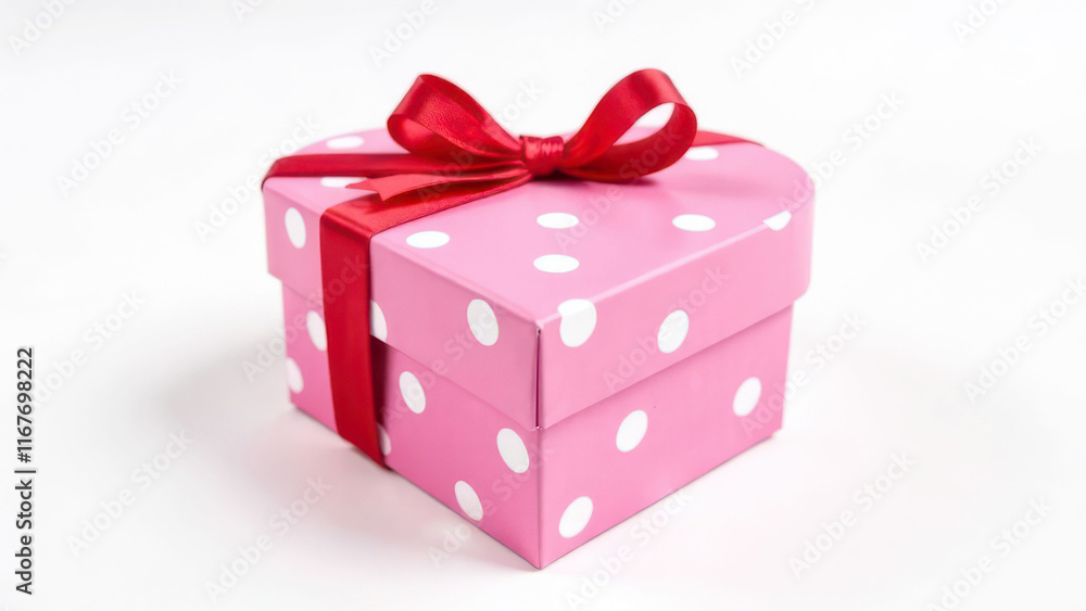 Obraz premium Pink polka dot gift box with red ribbon against white background
