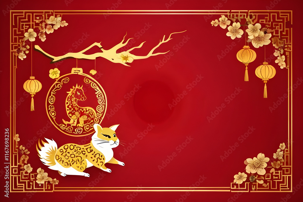 Golden rabbit celebrating chinese new year with hanging lanterns and flowers Golden rabbit celebrating chinese new year with hanging lanterns and flowers