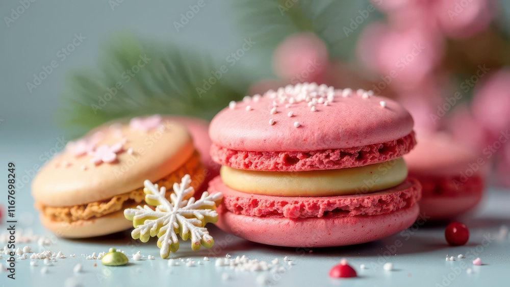 Fototapeta premium Colorful holiday macarons with festive sprinkles and decorative snowflakes