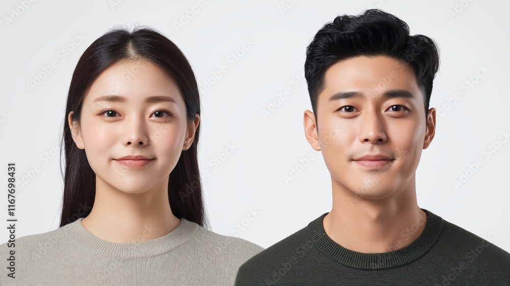 Young Korean man and woman standing side by side, facing forward with calm expressions, dressed in casual sweaters against a plain white background Young Korean man and woman standing side by side, facing forward with calm expressions, dressed in casual sweaters against a plain white background