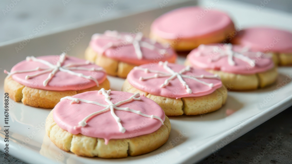 Pink iced sugar cookies with white frosting on a white plate Pink iced sugar cookies with white frosting on a white plate