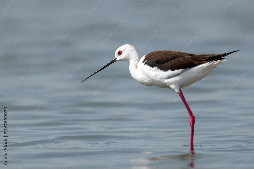 Obraz premium Side view of black winged stilt with white and brown plumage and long legs standing in water surface on blurred background