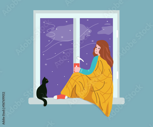 Girl, young woman with cat looking out the window. Winter season, snowflakes. View from the window on snowfall. Cup of tea, coffee, hot drink. Stay warm. Warm blanket, cold season, home comfort.