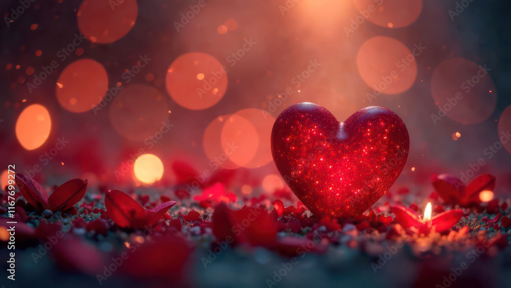 Glittering heart with red petals and candlelight in romantic bokeh Glittering heart with red petals and candlelight in romantic bokeh