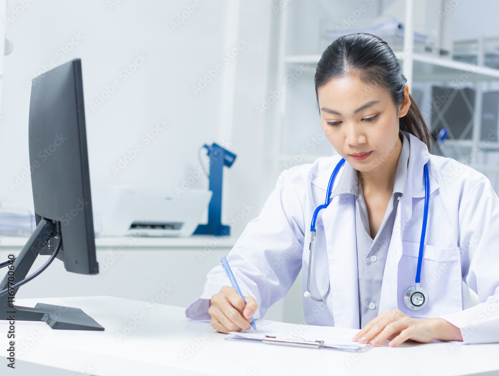 Portrait of focused Asian Female doctor sitting at her desk, using a clipboard and computer for healthcare consultation and analysis. Female physician analyzing data on clipboard planning diagnosis. Portrait of focused Asian Female doctor sitting at her desk, using a clipboard and computer for healthcare consultation and analysis. Female physician analyzing data on clipboard planning diagnosis.