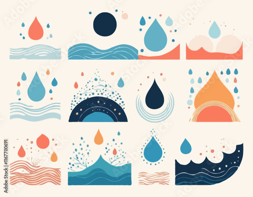 Vector Set of Template Dividers with Drops, Waves and Geometric Shapes. Abstract Design Elements for Top and Bottom on Website, App, Banners or Posters. Isolated Illustration