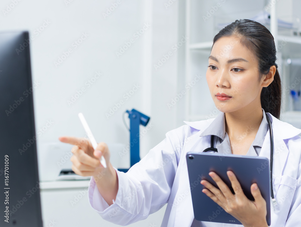 Focused Asian healthcare professional woman using tablet and computer to manage patient data analysis in hospital office. Asian female doctor use tablet to analyze medical data and plan for treatment. Focused Asian healthcare professional woman using tablet and computer to manage patient data analysis in hospital office. Asian female doctor use tablet to analyze medical data and plan for treatment.