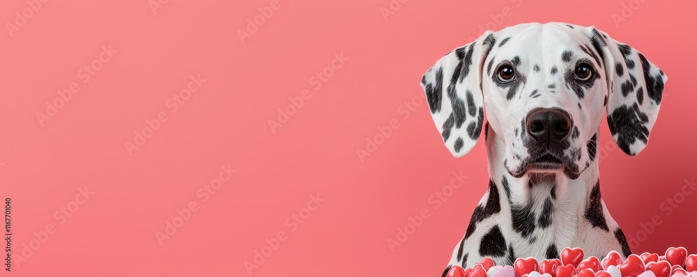 Valentine dog and pet affection idea. Dalmatian dog with a playful expression against a pink background. Valentine dog and pet affection idea. Dalmatian dog with a playful expression against a pink background.