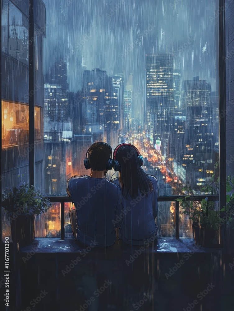 Fototapeta premium A couple sharing headphones and listening to music together while watching the rain from their balcony, cute romantic couple in rainy day Lofi anime animation 4k UHD video.