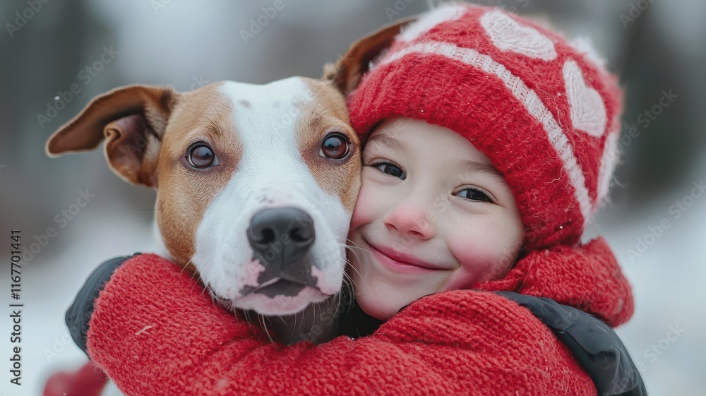 Valentine dog and pet affection idea. A child hugs a dog in a snowy setting, both smiling warmly. Valentine dog and pet affection idea. A child hugs a dog in a snowy setting, both smiling warmly.