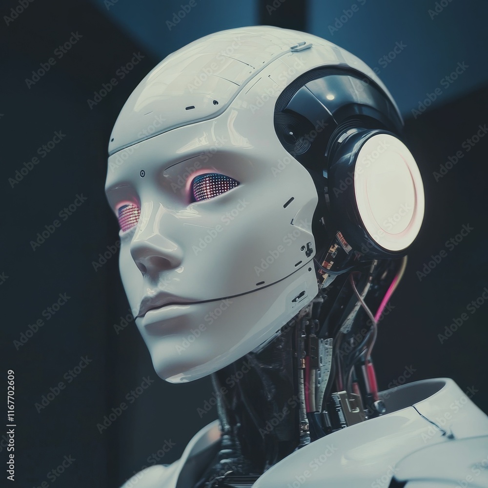 White humanoid robot head, glowing eyes, visible wiring.