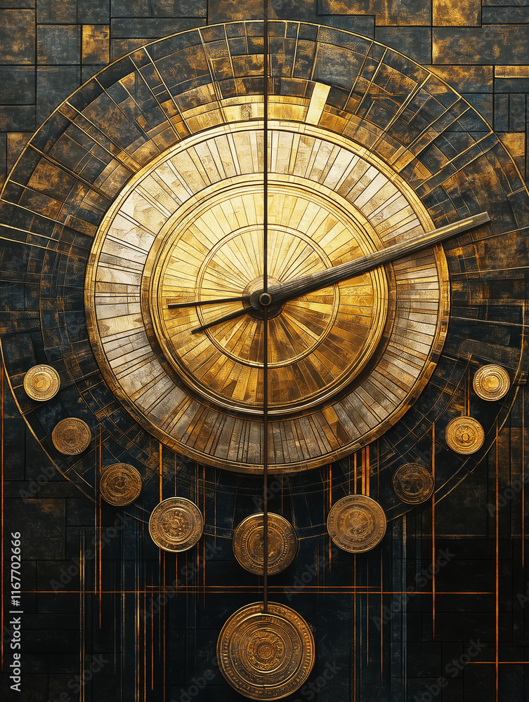 Obraz premium Surreal illustration of an antique clock with a golden coin dial, currency symbol markers, and hands transforming into growth graphs, set against a classical art-inspired background in muted tones. Ge